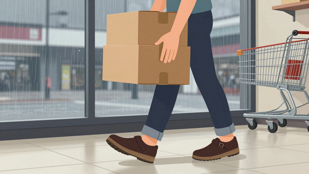 Retail worker on glossy tiles holding boxes, wearing cushioned work shoes with rain-streaked window behind.