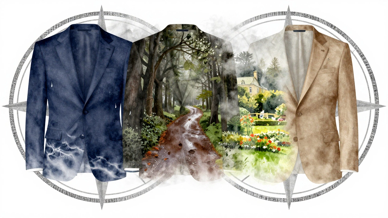 Seasonal suit colors blend into Ireland’s landscape—navy, charcoal, gray, and tan merging with nature.