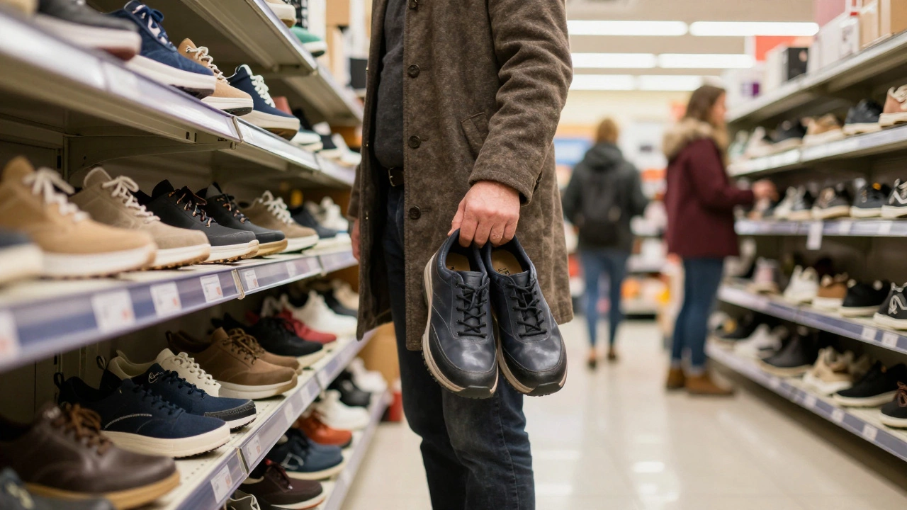 Shelves of casual trainers at Dunnes Stores in Ireland, with Clarks and ECCO brands visible.