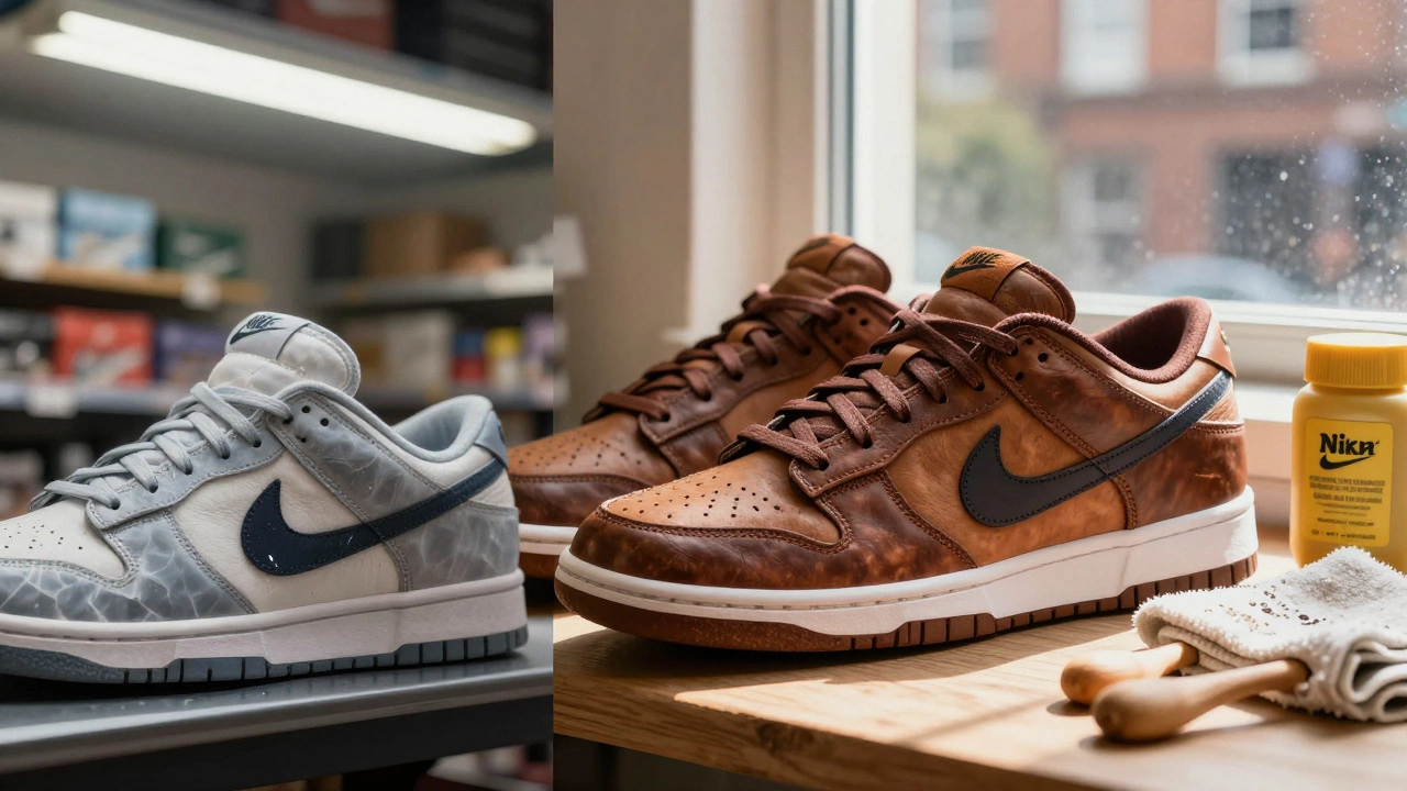 Side-by-side comparison of cracked synthetic leather versus well-conditioned full-grain Nike leather with care products.