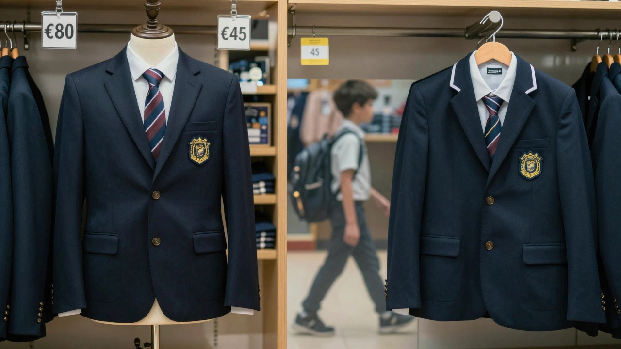Side-by-side comparison of expensive branded uniform versus affordable supermarket alternative.