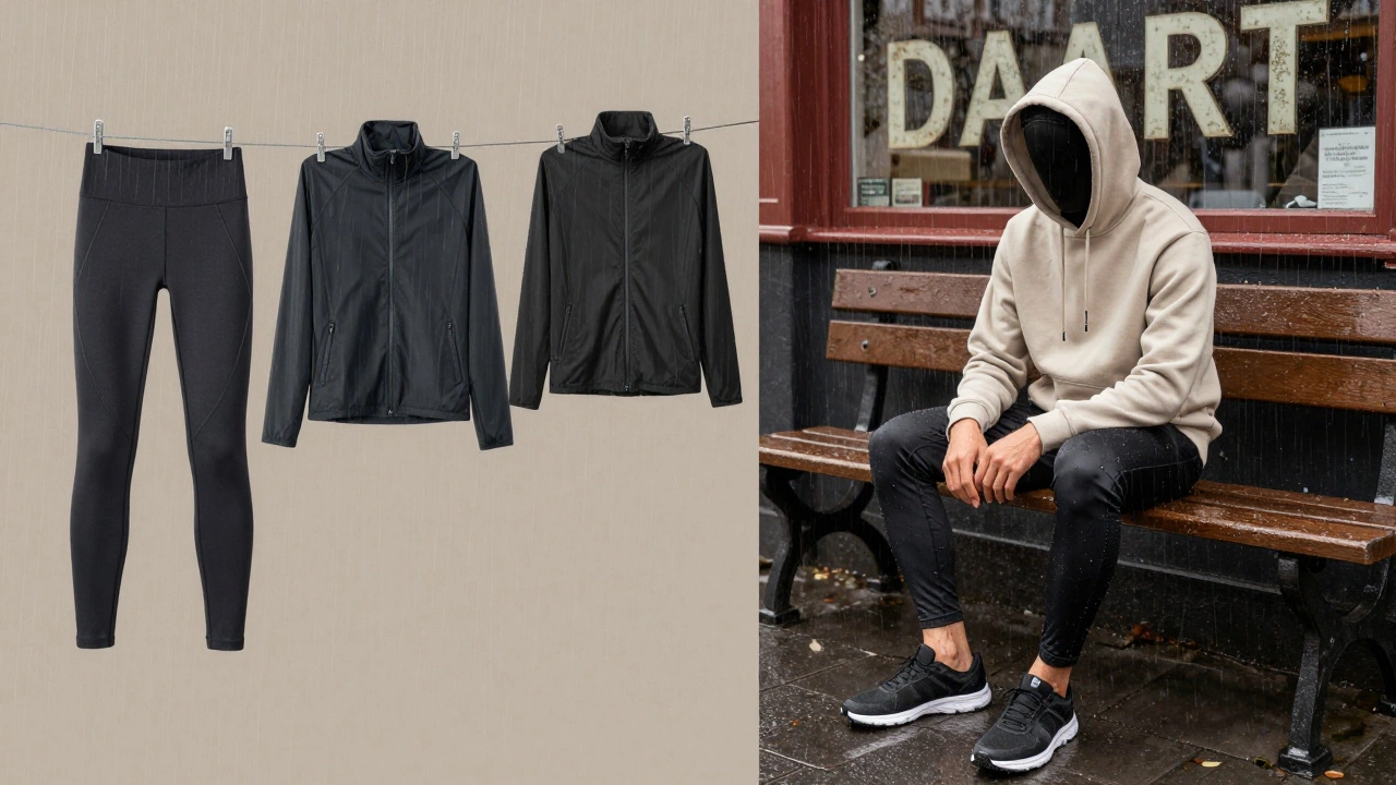 Split image: dry technical activewear vs. wet casual clothes in Irish rain.