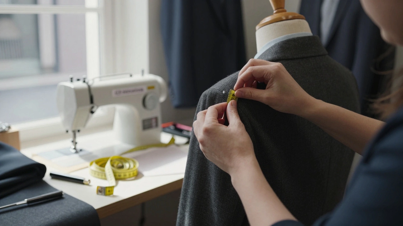 Tailor pinning a suit sleeve in a cozy Cork shop with sunlight on fabric.