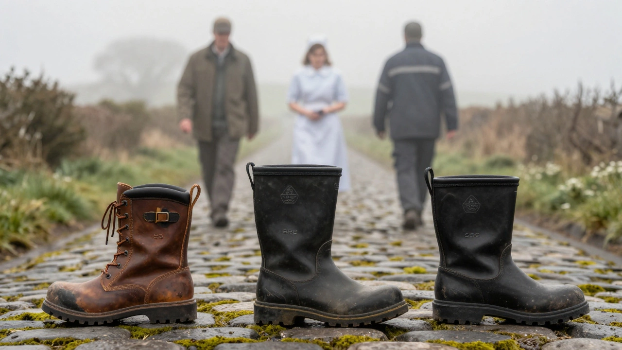 Three certified work boots on Irish cobblestones with symbolic labels.