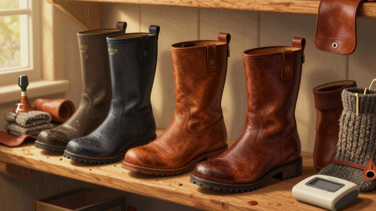 Three D-width Irish boots on wooden shelf with care tools and Brannock device.