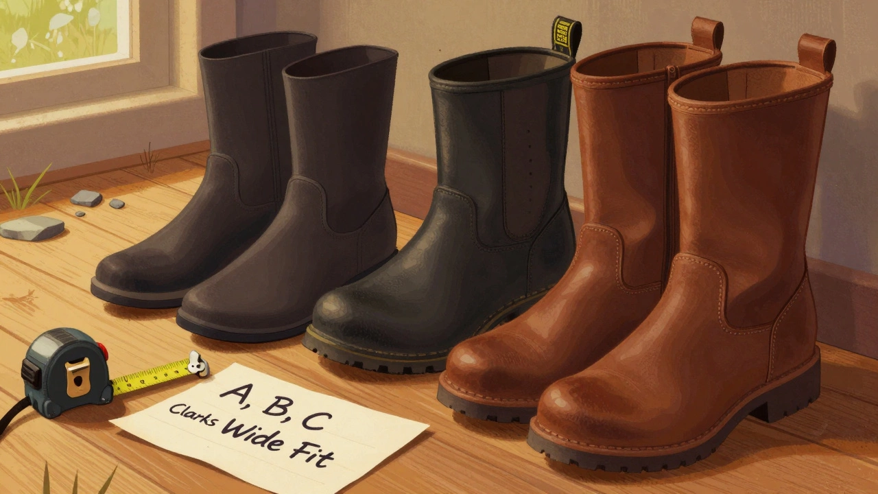 Three different width boots laid out with tape measure, highlighting A, B, and C sizes.