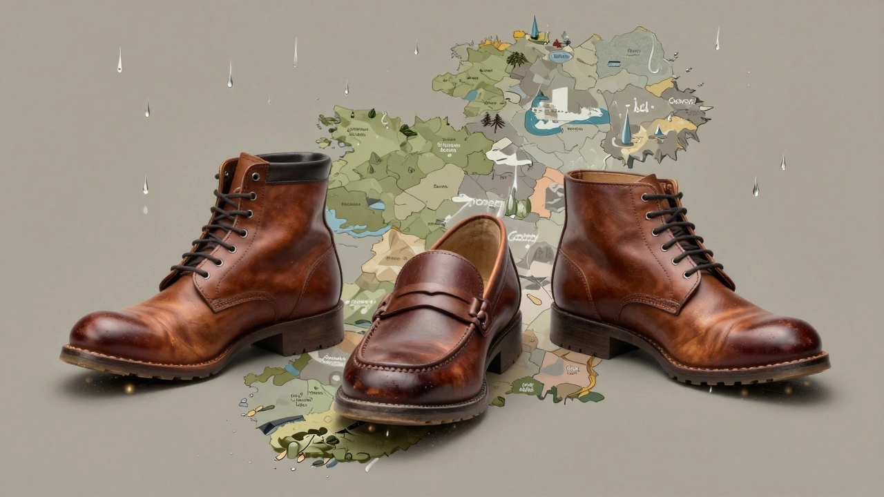 Three Irish-made leather shoes standing on a map of Ireland, rooted in their regional landscapes.