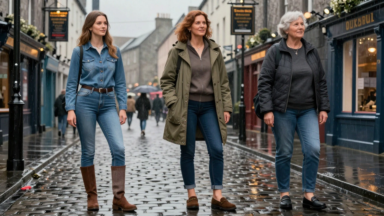 Three Irish women of different ages wearing practical skinny jeans in a rainy Galway square.