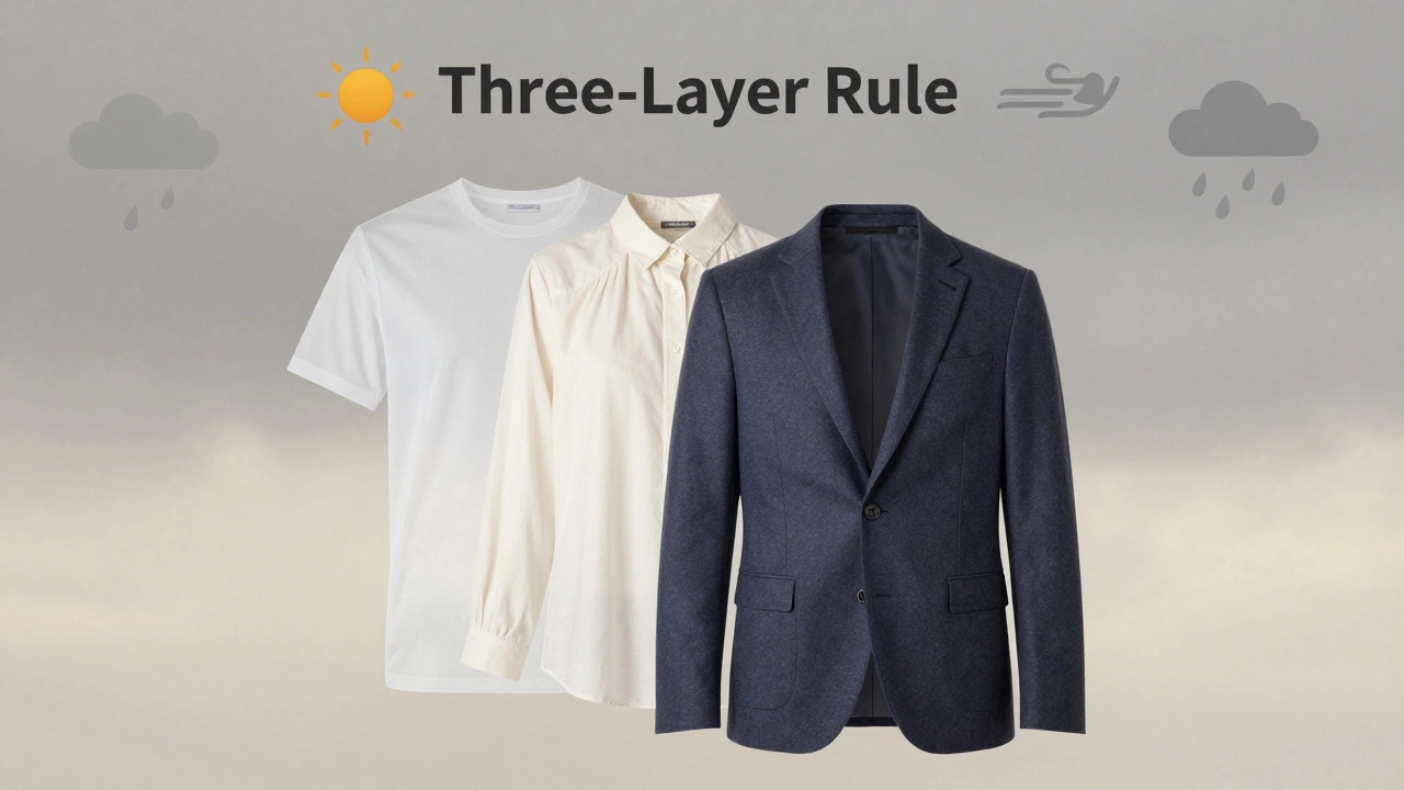 Three-layered workwear system for Irish summer: undershirt, blouse, and blazer with weather icons in background.