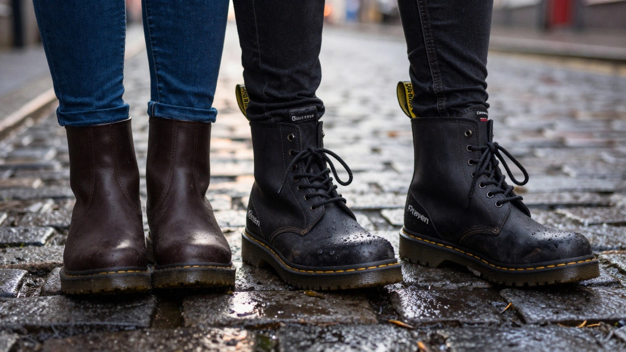Three pairs of Irish work boots on wet cobblestones at dawn, glistening with water and mud.