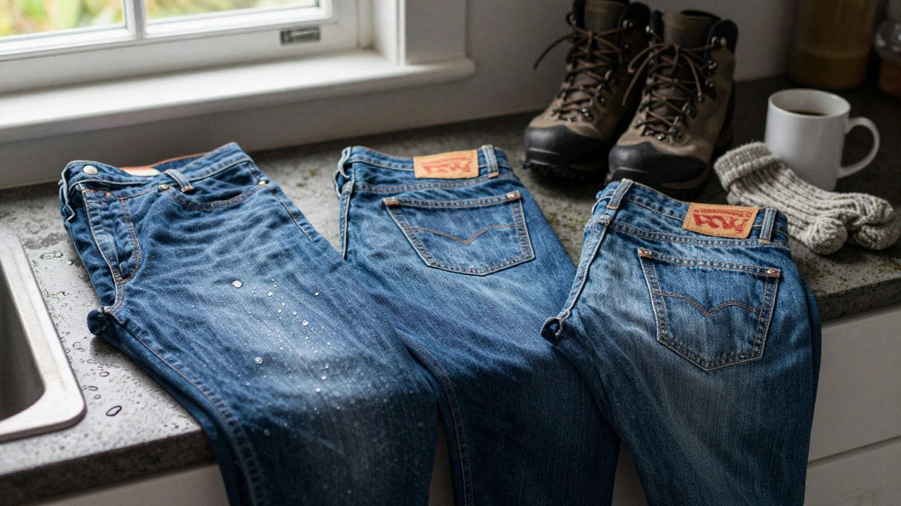 Three practical Irish-made skinny jeans on a counter with boots and socks