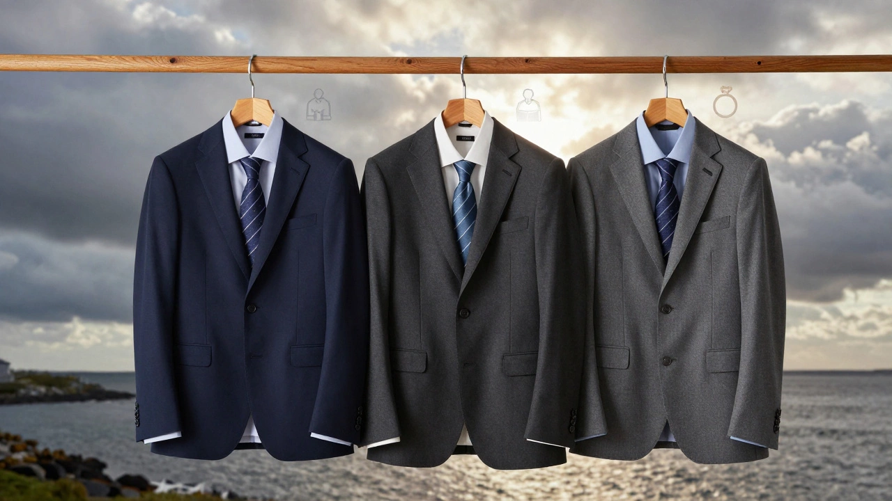 Three suits hanging on a wooden rack with icons representing Irish life events, backdrop of sun breaking through clouds over Galway Bay.