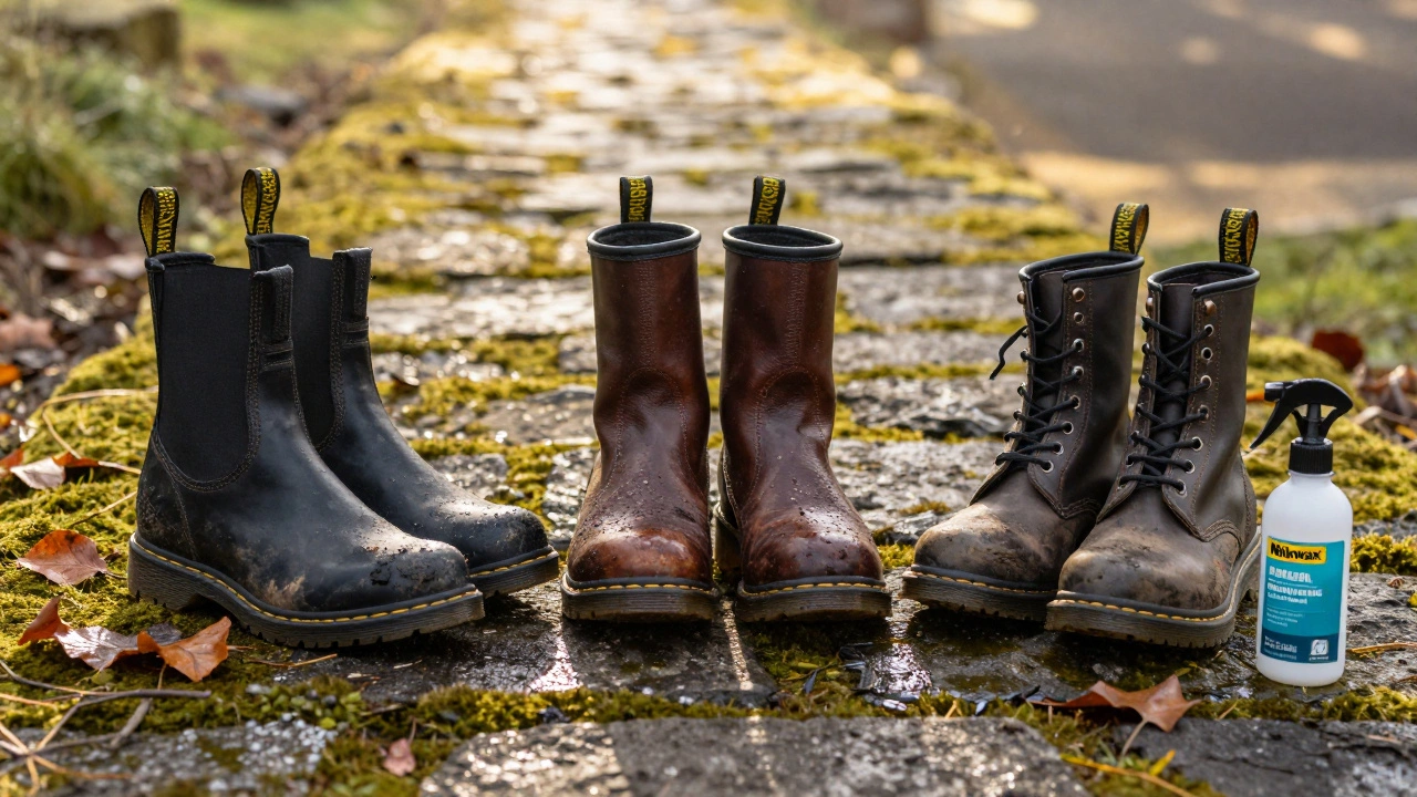 Three weather-worn Irish boots on a mossy path with waterproofing spray, symbolizing practicality and durability.