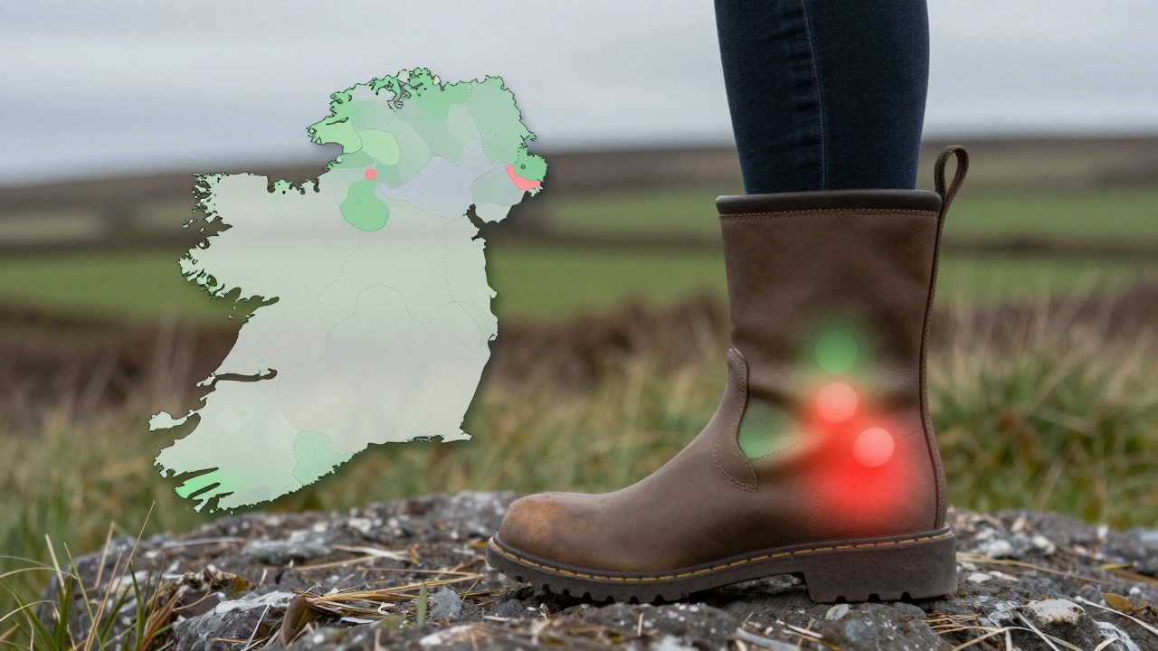 Woman&#039;s foot in D-width boot with health pressure map overlay against Irish landscape.
