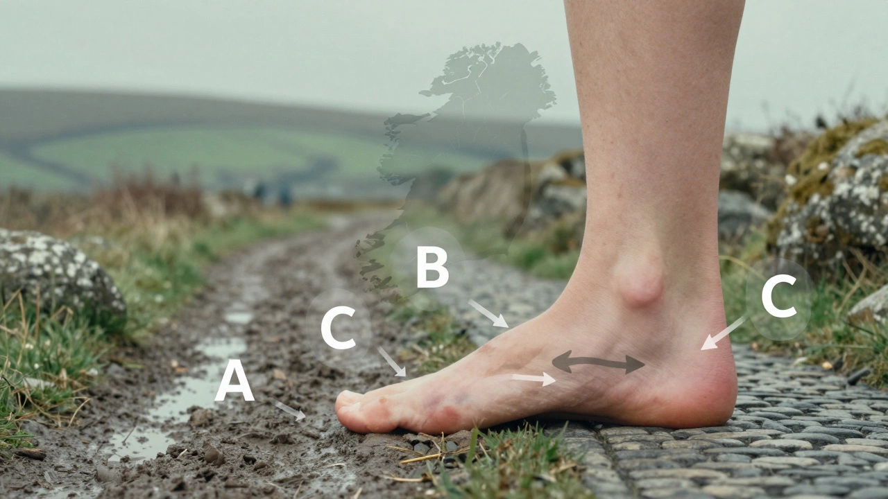 Woman&#039;s foot overlaid with Irish terrain, showing pressure points and boot width labels.