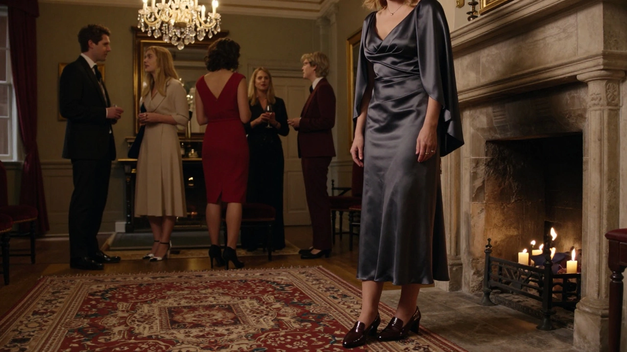 Woman in charcoal silk gown with detachable cape at a Georgian townhouse gala, vintage ring visible.