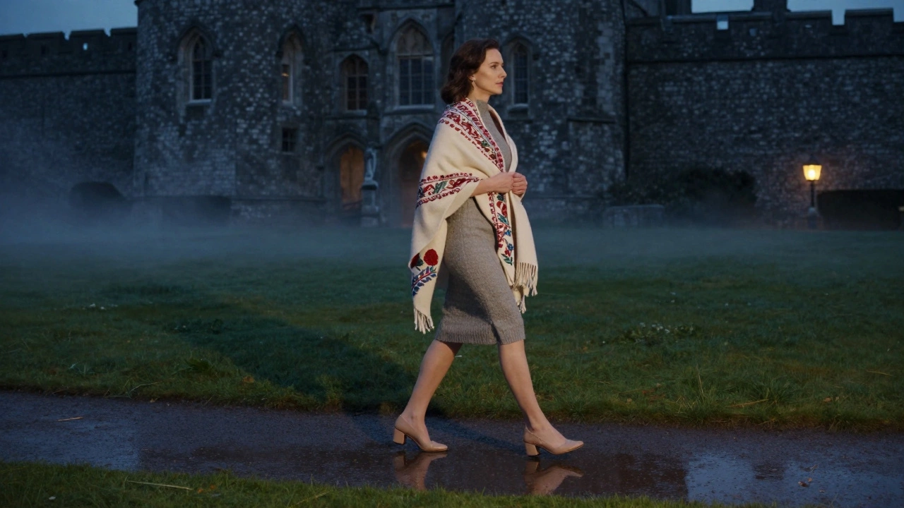 Woman in wool dress and low heels walking past puddle outside Kilkenny Castle at night, shawl wrapped.