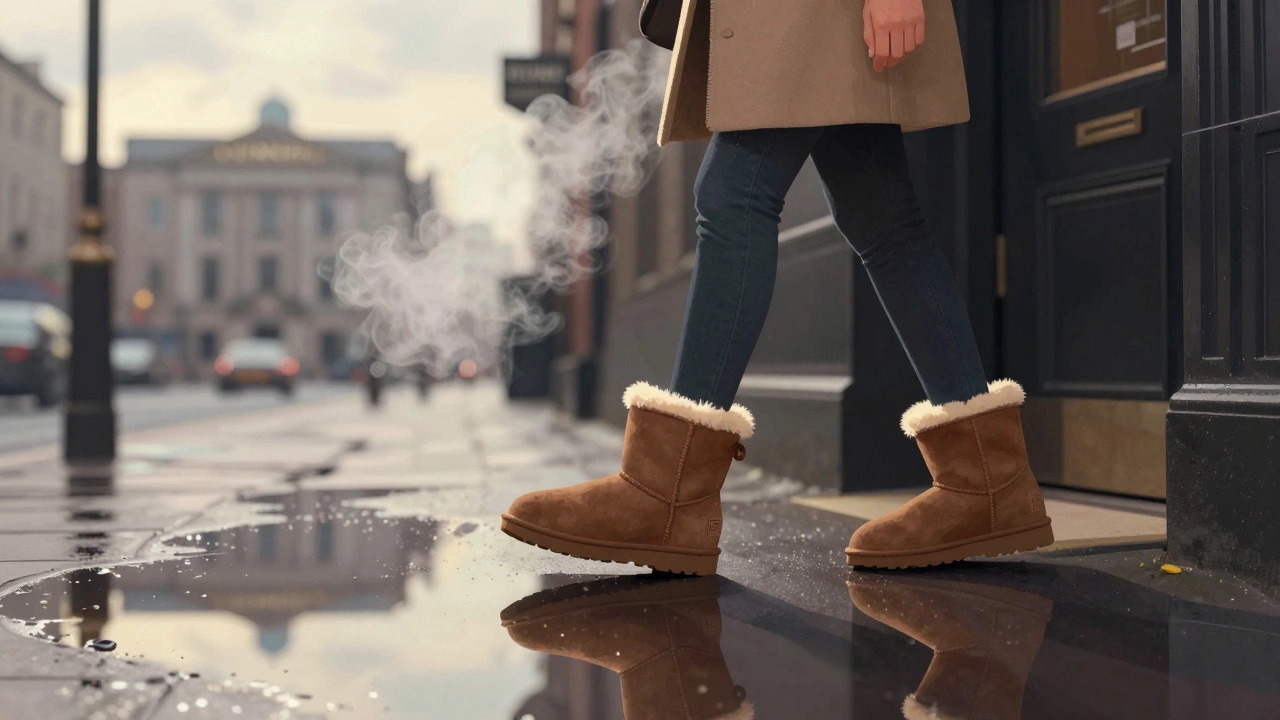 Woman stepping out of a bus station in Dublin wearing UGG boots with steam rising in cold air.