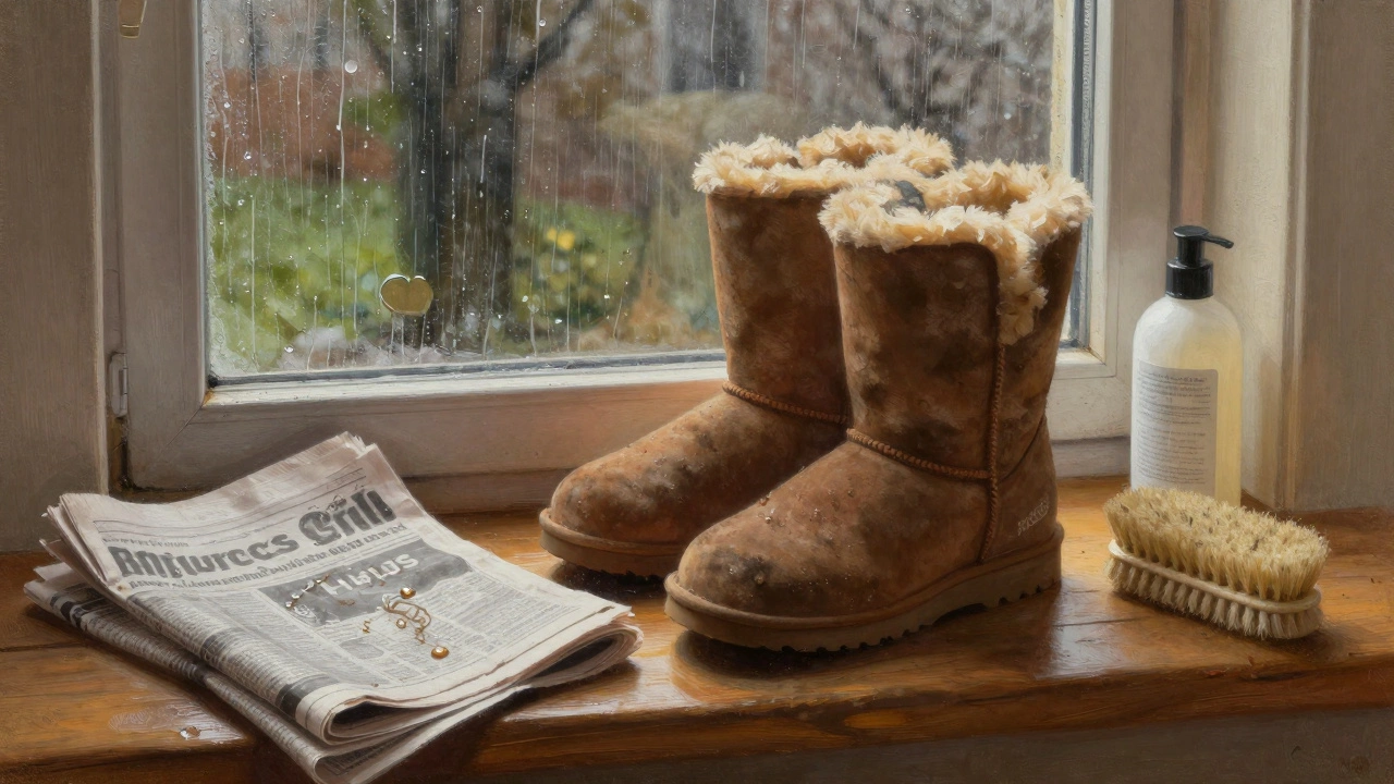 Worn UGG boots on a windowsill with conditioner and brush, rain streaking the glass behind.