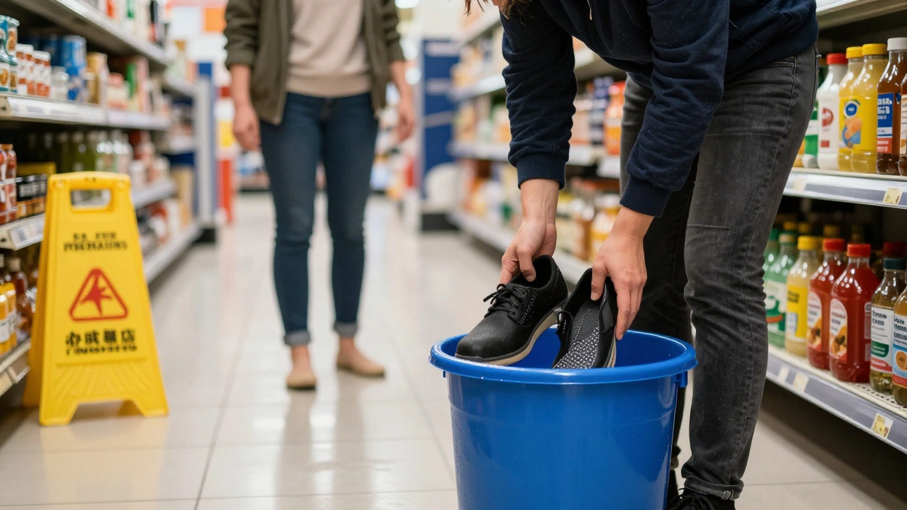 A retail worker offering shoes to a barefoot tourist at a Tesco store, with wet floors and grocery shelves in the background.