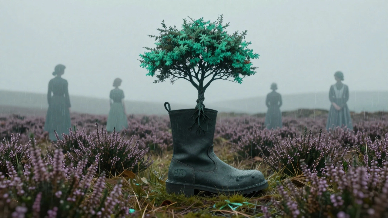 A single BOC boot standing in Irish heather, roots growing through the sole, rain falling softly.