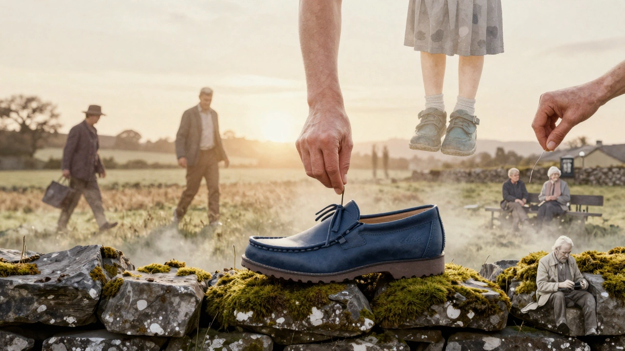 A single pair of Wallabees on a stone wall surrounded by faded images of Irish life through generations.