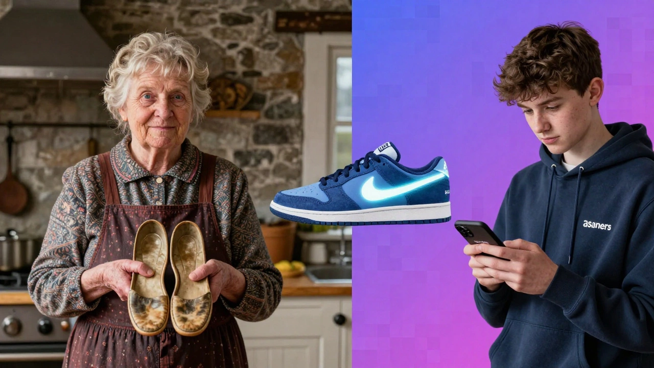 A split image showing a grandmother with old plimsolls and a teen with modern trainers, connected by glowing athletic shoes.