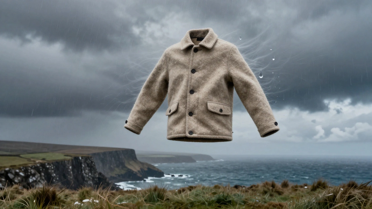 A wool bobby jacket floating in a stormy Irish landscape, blending with wind and rain.