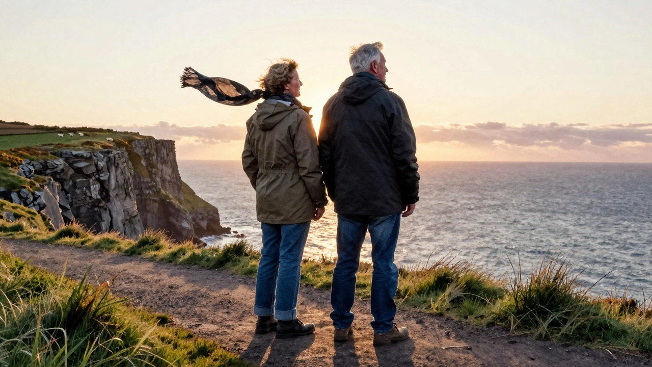 An elderly couple in jeans standing on a cliff path at sunset, overlooking the ocean in Ireland.