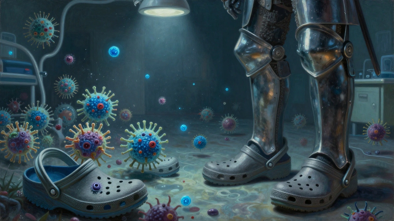 Artistic depiction of bacteria attacking Crocs while protective clogs repel pathogens in a hospital setting.