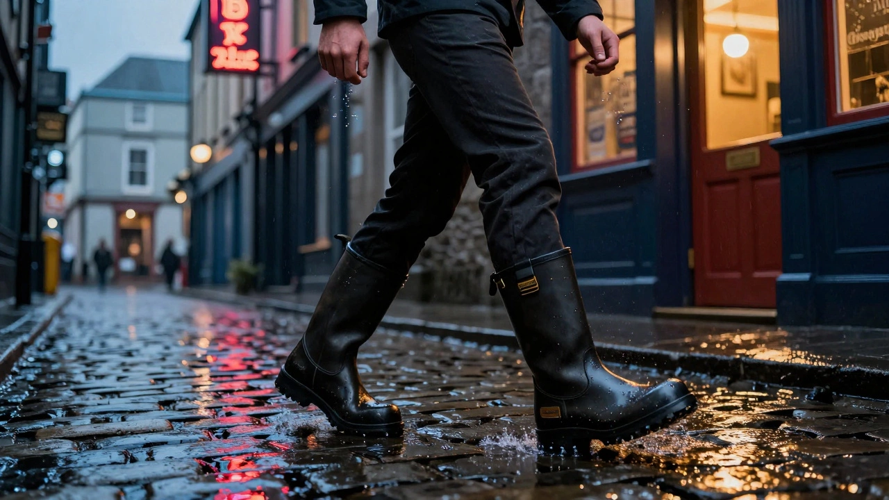 Bar manager walking on wet cobblestones in Blundstone boots under neon lights in Galway.