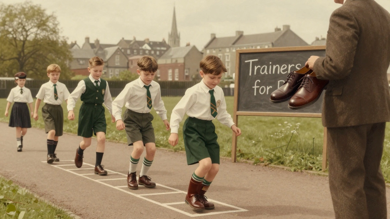 Children in 1920s Irish school uniforms playing in a yard, wearing classic rubber-soled trainers while a teacher holds new Clarks shoes.