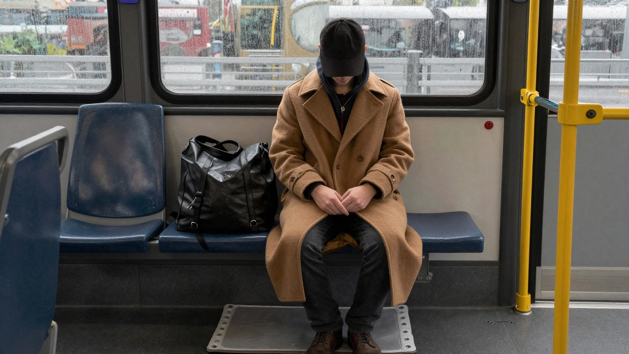 Commuter on a bus in Dublin with a waterproof mat under their long coat, bag between coat and seat.