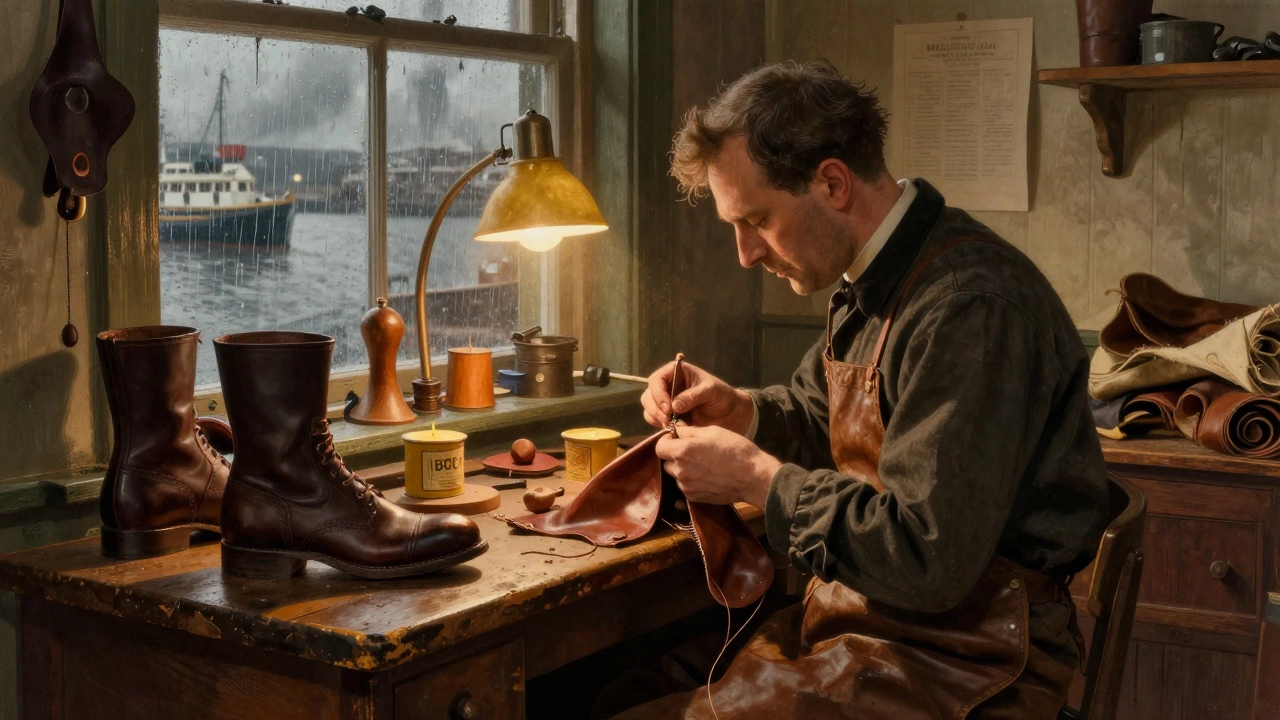 Cork workshop in the 1970s, cobbler hand-stitching BOC boots by lamplight with Irish leather.