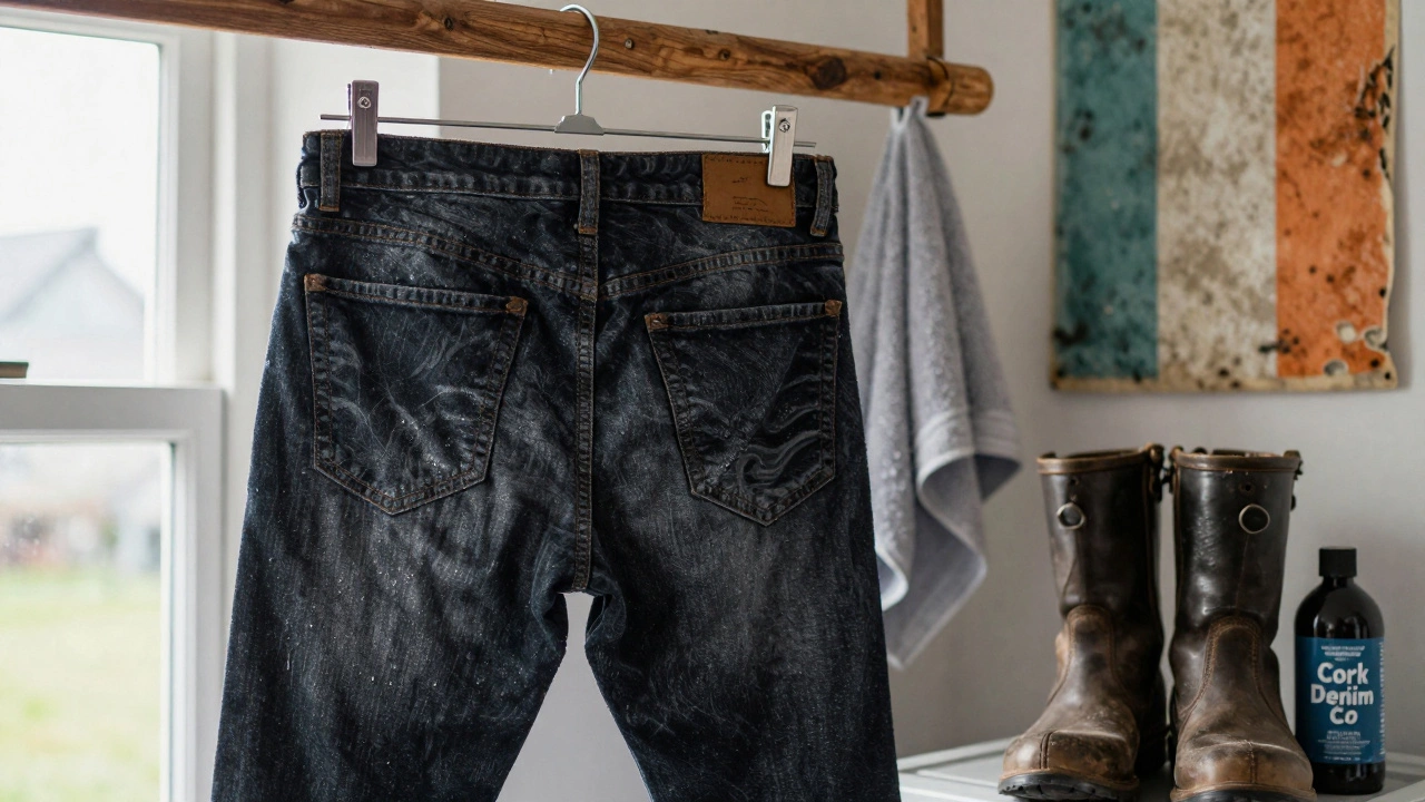 Damp dark denim jeans hanging on a hook next to boots and denim conditioner.