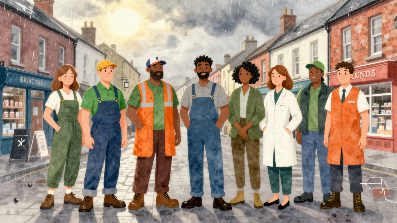 Diverse Irish workers in recommended footwear under rainy sky, symbols of damp weather around them.