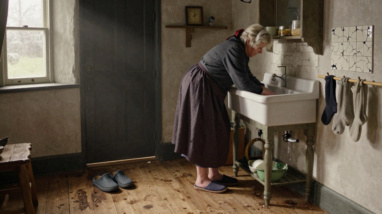 Elderly person in slippers leaning over sink, supportive shoes nearby in Irish cottage.