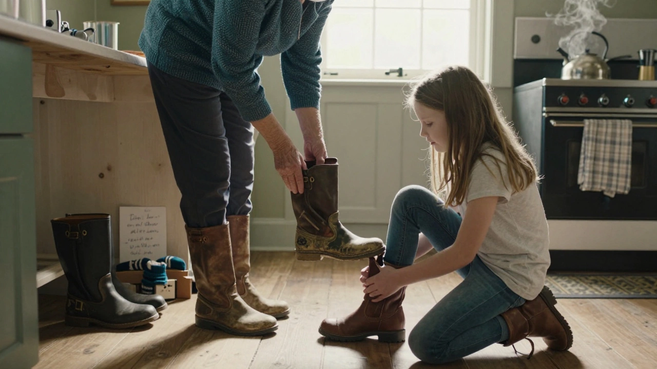 Elderly woman passing down worn BOC boots to her granddaughter in a cozy Irish kitchen.