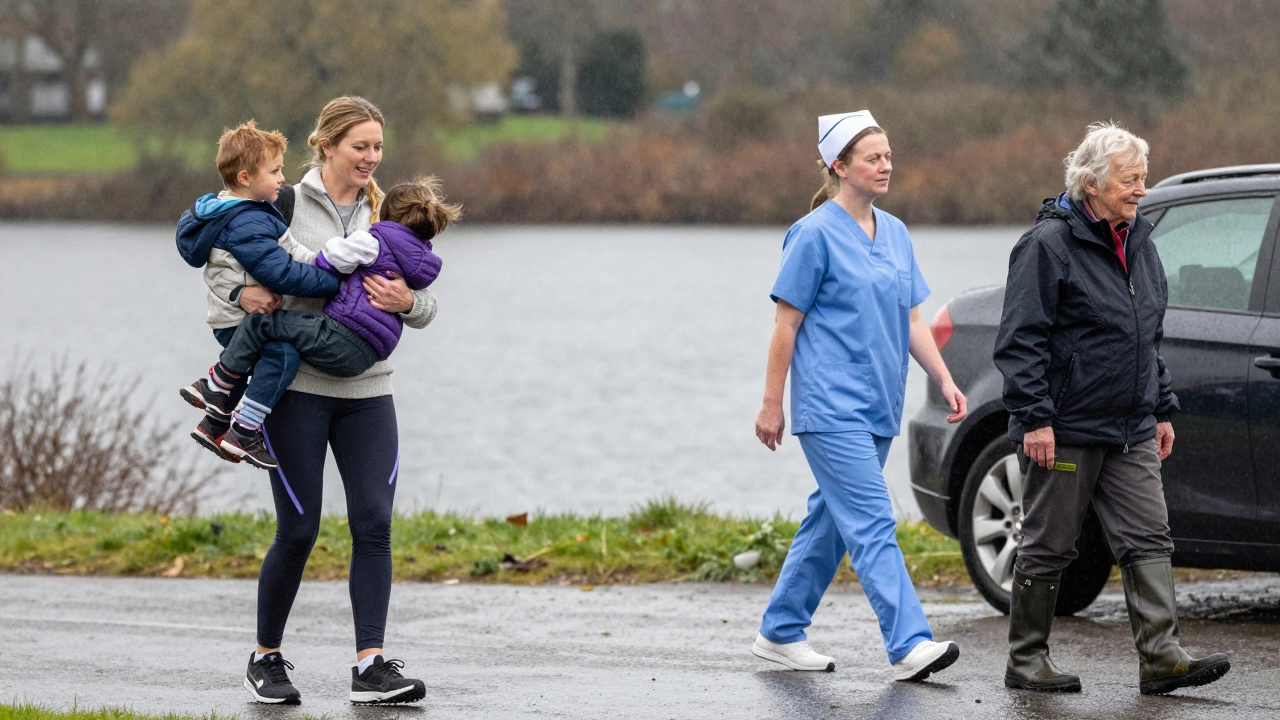Everyday Irish people in functional sportswear during daily activities under drizzly skies.