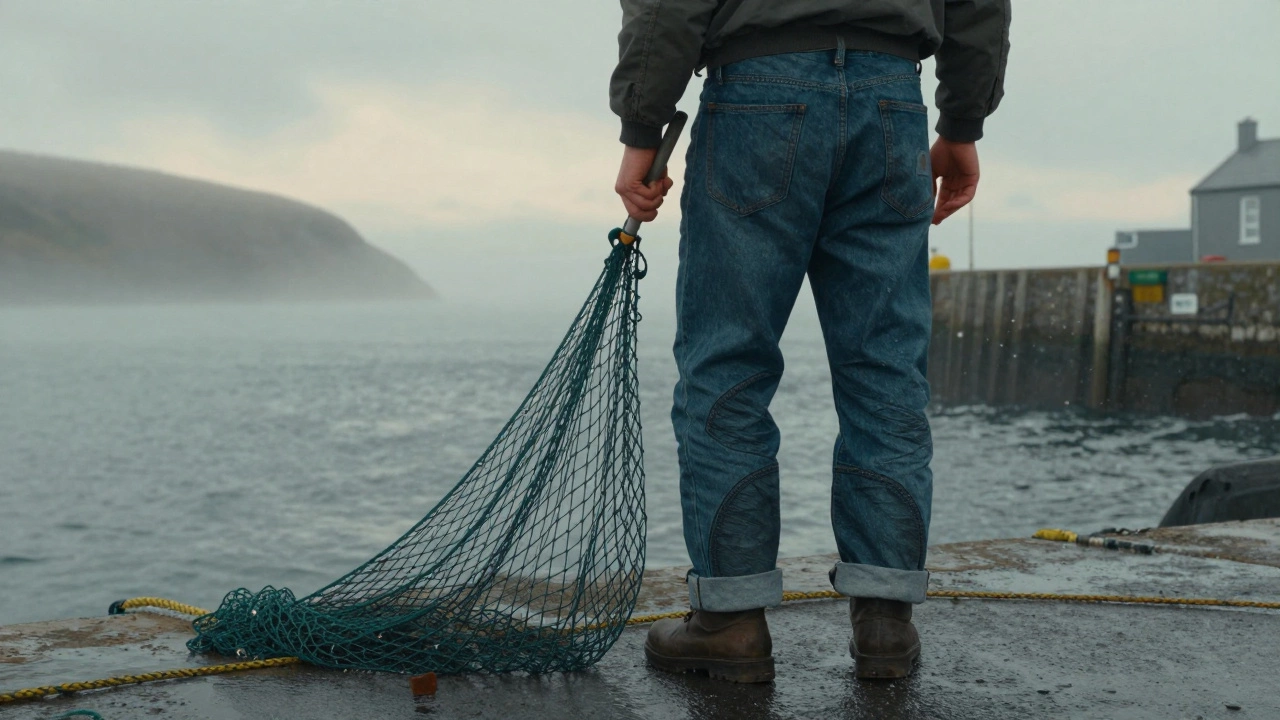 Fisherman at a misty Irish quay wearing durable relaxed-fit jeans with rolled cuffs and reinforced seams.