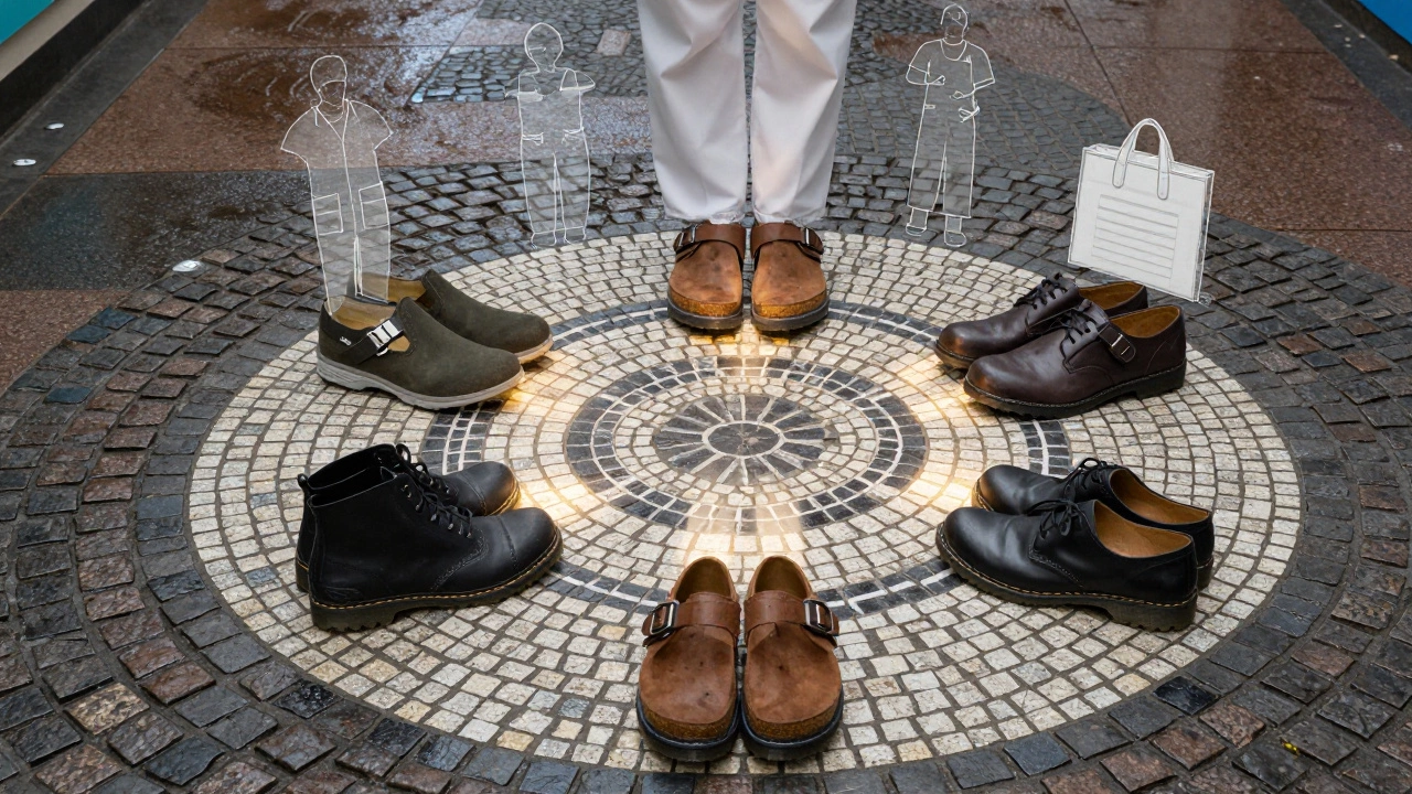 Five brands of anti-fatigue work shoes arranged on Irish wet flooring, representing frontline workers.