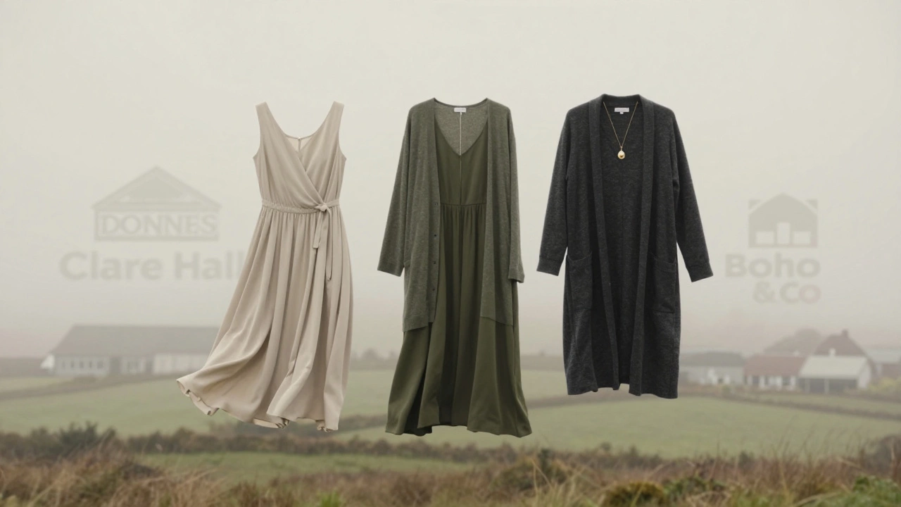 Floating elements of Irish-style summer attire—dress, cardigan, necklace—against a misty landscape.