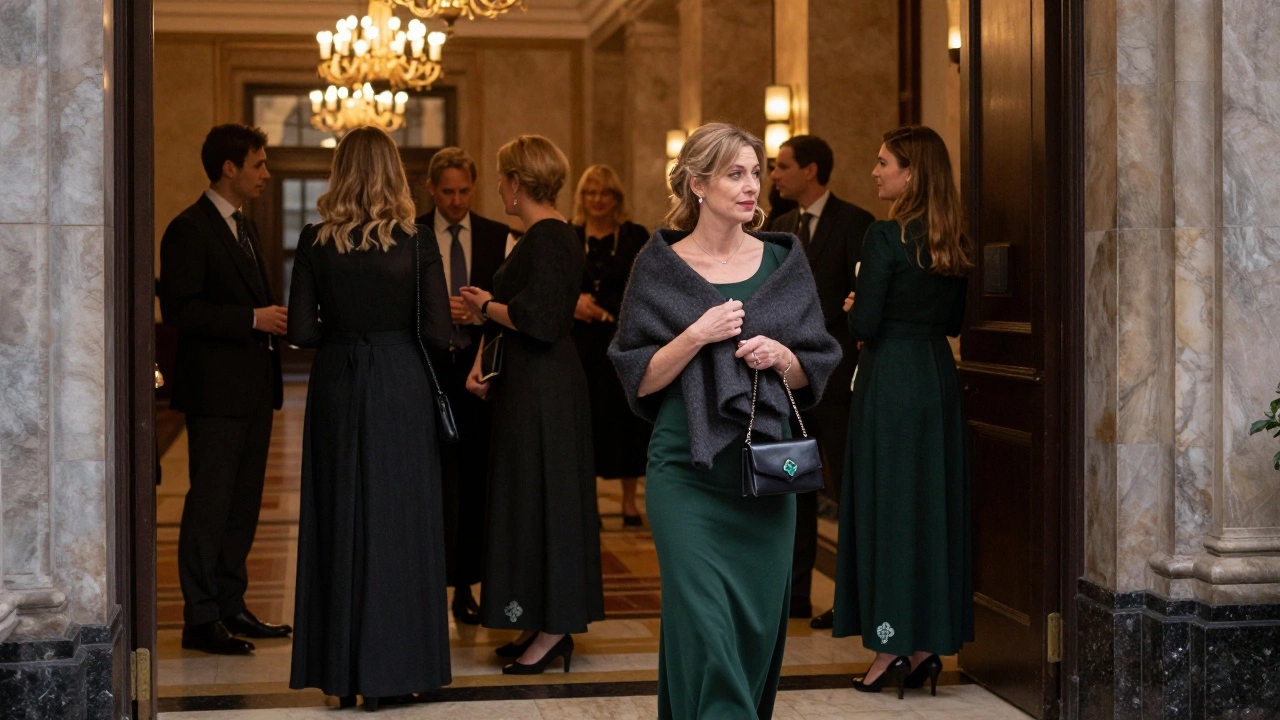 Guests in muted evening dresses and tweed suits mingling in National Concert Hall, soft chandelier light.
