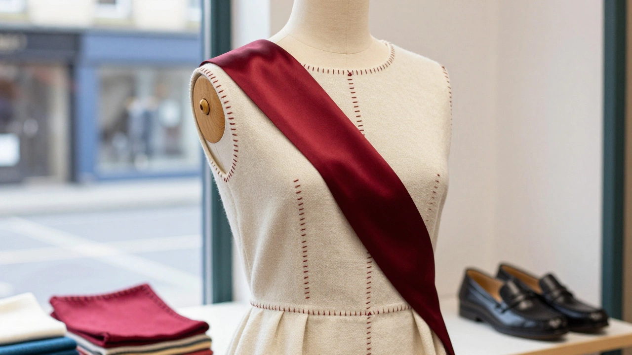 Handmade Irish wool evening dress with Celtic embroidery displayed in a Galway boutique.