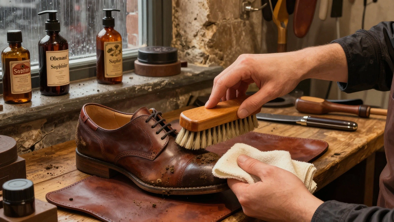 Hands conditioning leather shoes in a cobblers' workshop with vintage products on the shelf.