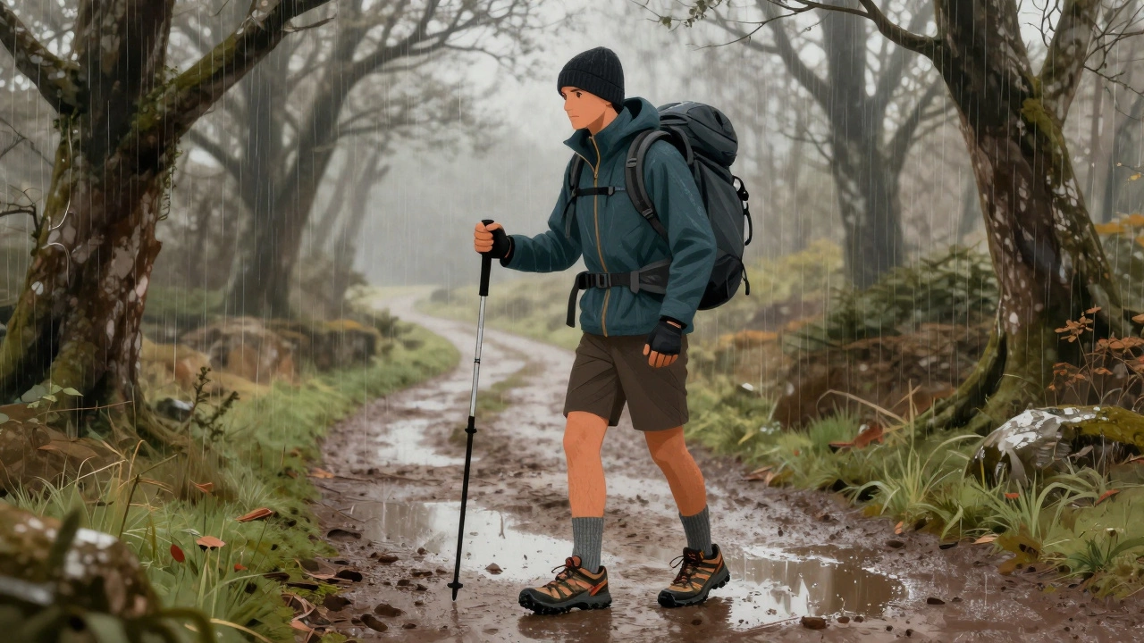 Hiker on muddy Wicklow Way trail in rain, wearing layered outdoor gear with trail shoes and gloves.