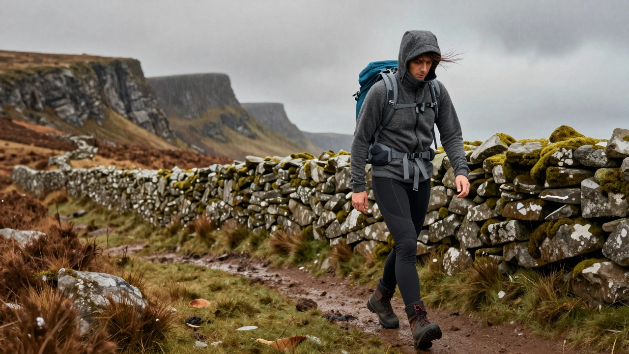 Hiker on the Wicklow Way in layered outdoor gear crossing mossy stone walls in wet conditions.