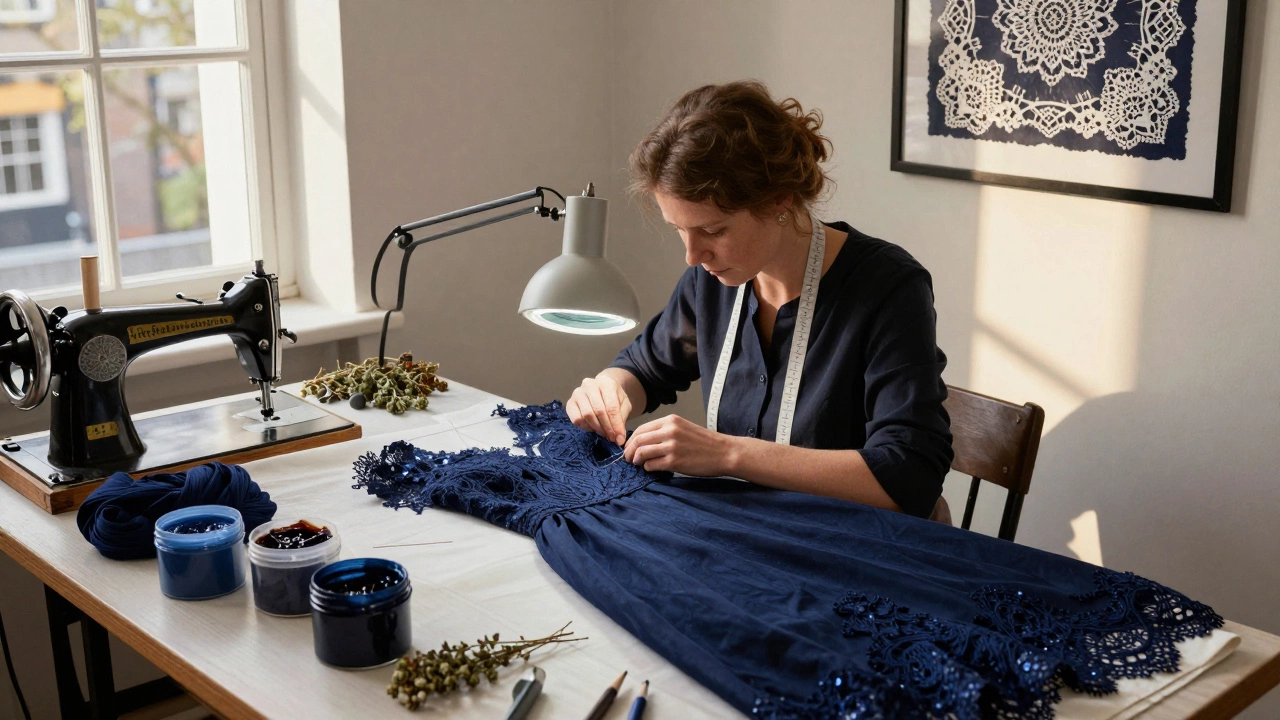 Irish designer hand-stitching lace onto a gown in a sunlit studio with natural dyes and sewing tools.