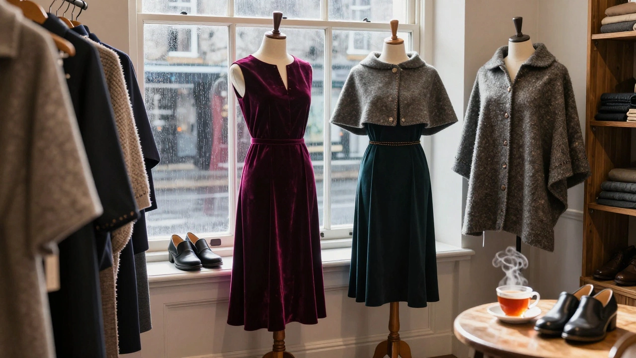 Irish-made evening dresses and capes displayed in Galway boutique, sunlight through rain-streaked window.