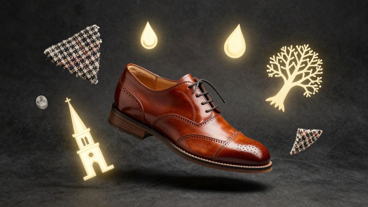 Irish patent brogue floating with cultural symbols like raindrop, tweed, and church steeple.